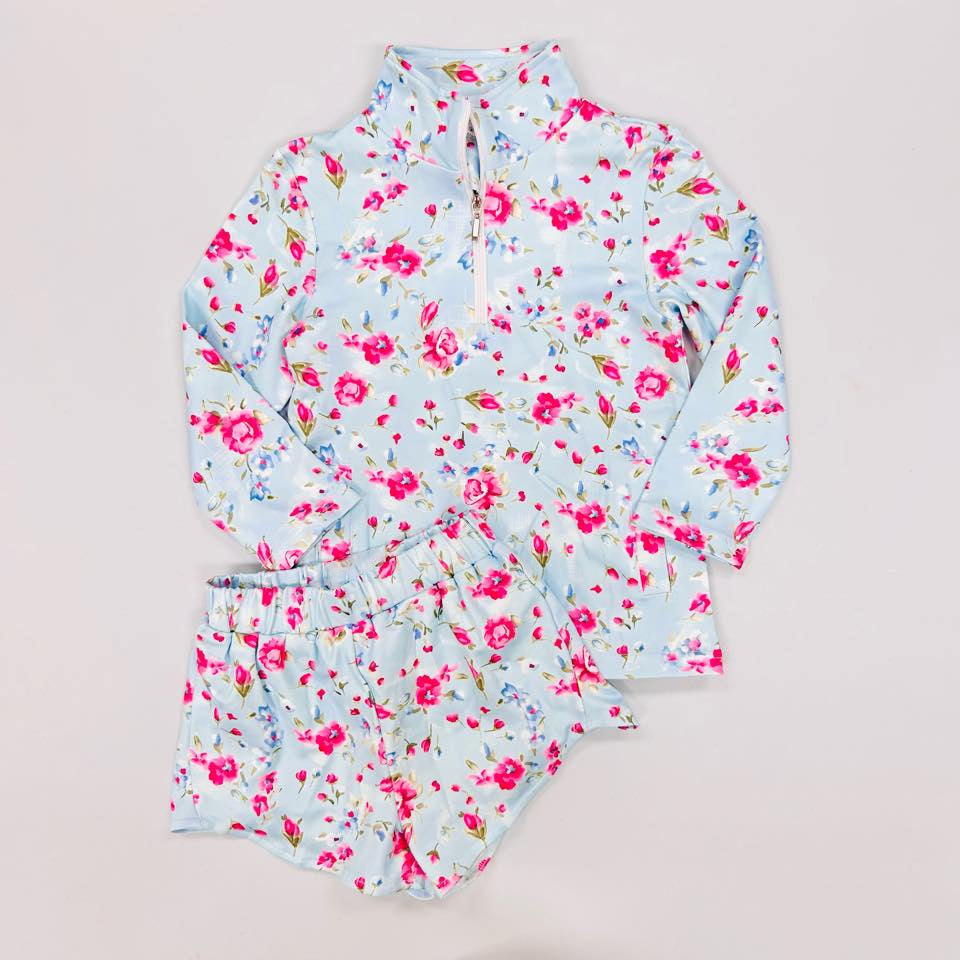 ( Moq 5 ) Preorder Baby Girls Long Sleeves Flower Zipper Tops Pockets Skirt Yoga Active Set