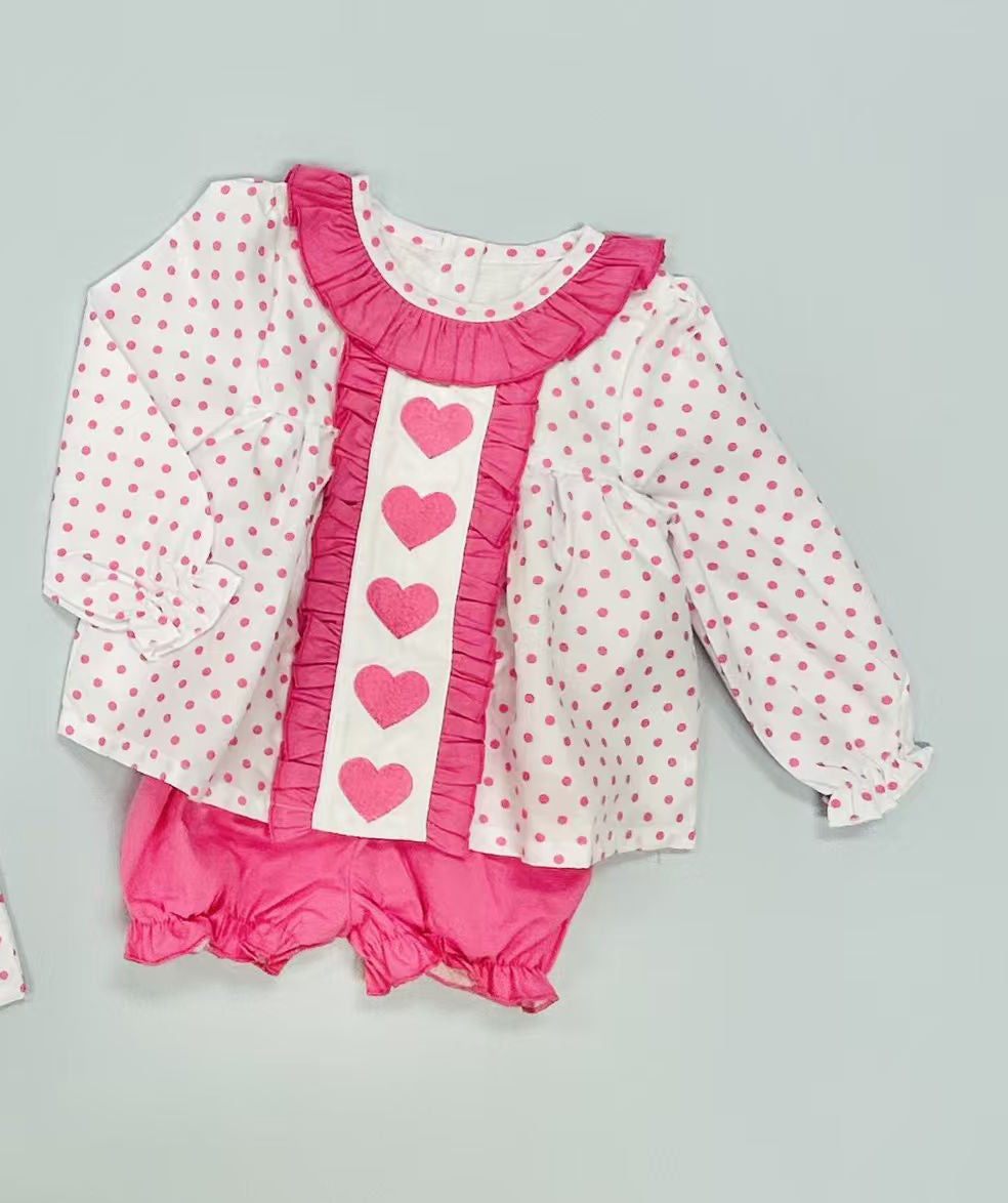 ( Moq 5 ) Preorder Baby Girls Long Sleeves Heart Dots Tops Pink Shorts Valentine Set