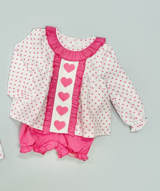 ( Moq 5 ) Preorder Baby Girls Long Sleeves Heart Dots Tops Pink Shorts Valentine Set