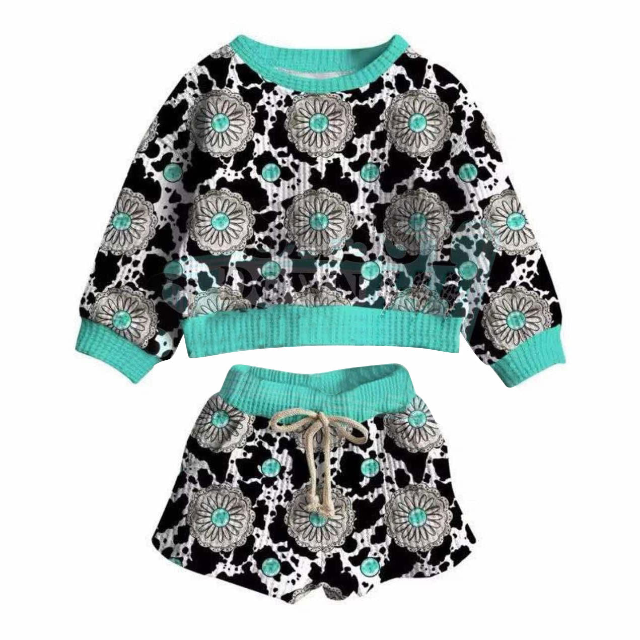 ( Moq 5 ) Preorder Baby Girls Long Sleeves Turquoises Tops Pockets Shorts Western Cow Print Set
