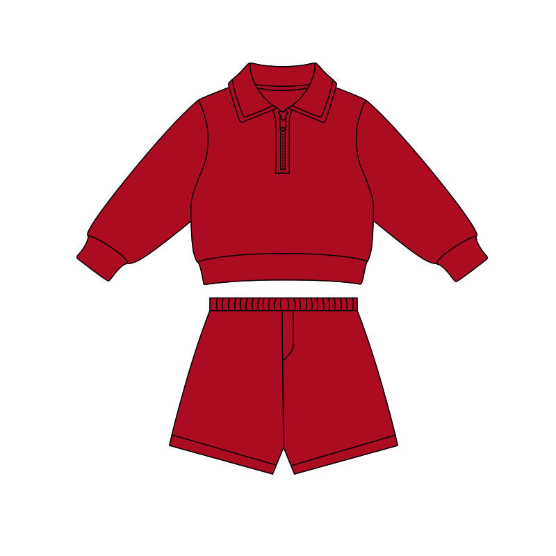 ( Moq 5 ) Preorder Baby Girls Red Long Sleeves Zipper Pullover Shirt Shorts Yoga Clothes Set