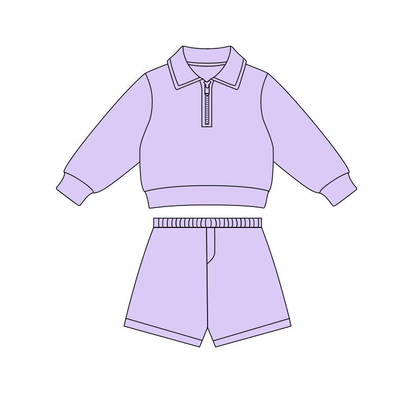 ( Moq 5 ) Preorder Baby Girls Lavender Long Sleeves Zipper Pullover Shirt Shorts Yoga Clothes Set
