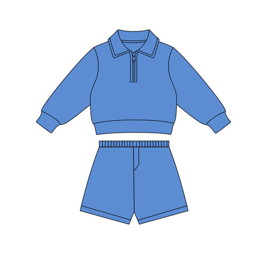 ( Moq 5 ) Preorder Baby Girls Blue Long Sleeves Zipper Pullover Shirt Shorts Yoga Clothes Set