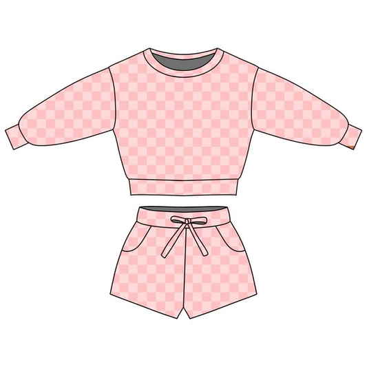 ( Moq 5 ) Preorder Baby Girls Kids Long Sleeves Checked Tops Pockets Shorts Pink Outfit
