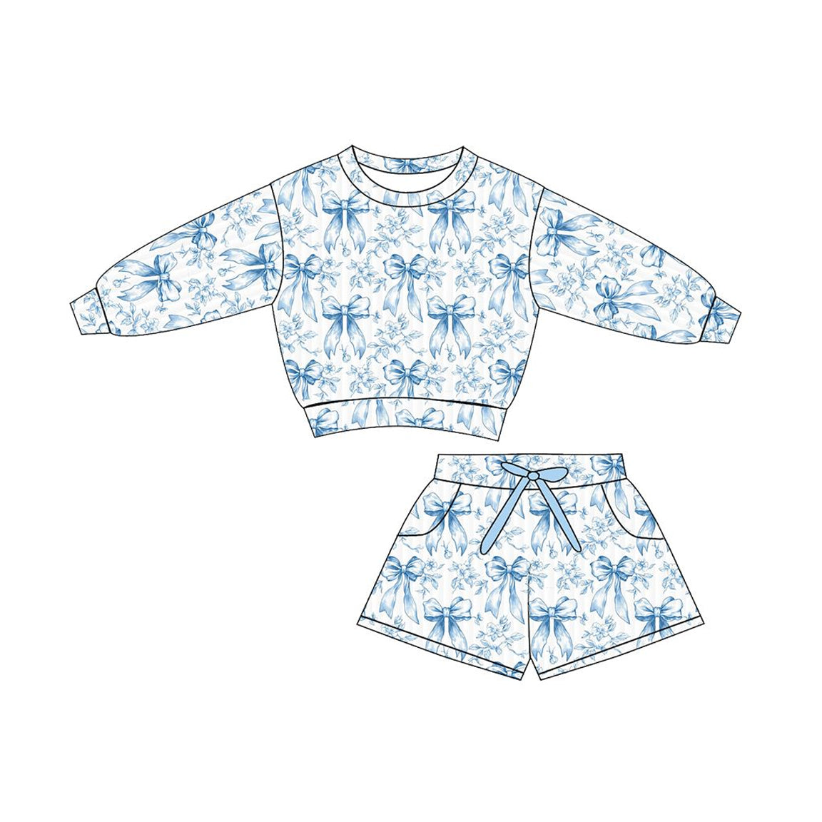 ( Moq 5 ) Preorder Baby Girls Long Sleeves Blue Bows Flower Tops Pockets Shorts Clothes Set