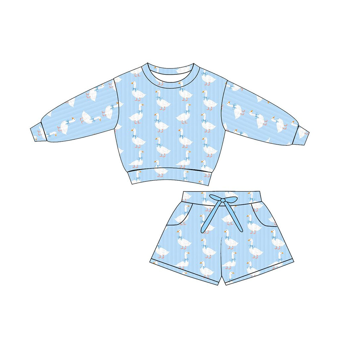 ( Moq 5 ) Preorder Baby Girls Kids Long Sleeves Ducks Bows Tops Pockets Shorts Blue Outfit