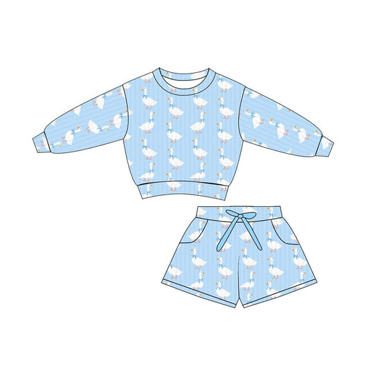 ( Moq 5 ) Preorder Baby Girls Kids Long Sleeves Ducks Bows Tops Pockets Shorts Blue Outfit