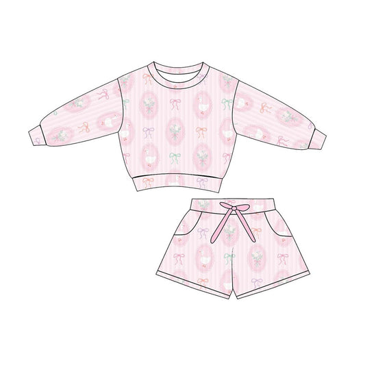 ( Moq 5 ) Preorder Baby Girls Kids Long Sleeves Ducks Bows Flower Tops Pockets Shorts Pink Outfit