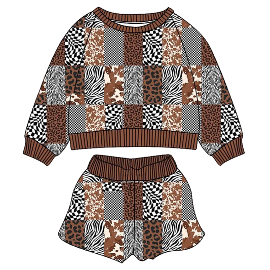 ( Moq 5 ) Preorder Baby Girls Leopard Cow Print Plaid Shirt Shorts Western Clothes Set