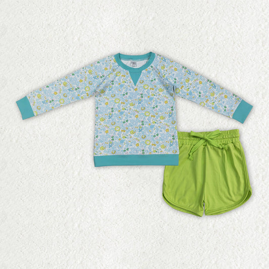 Baby Girls Kids Long Sleeves Floral Shirt Green Shorts Clothes Set RTS