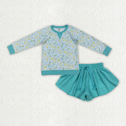 Baby Girls Long Sleeves Floral Shirt Green Ruffle Shorts Yoga Active Clothes Set RTS