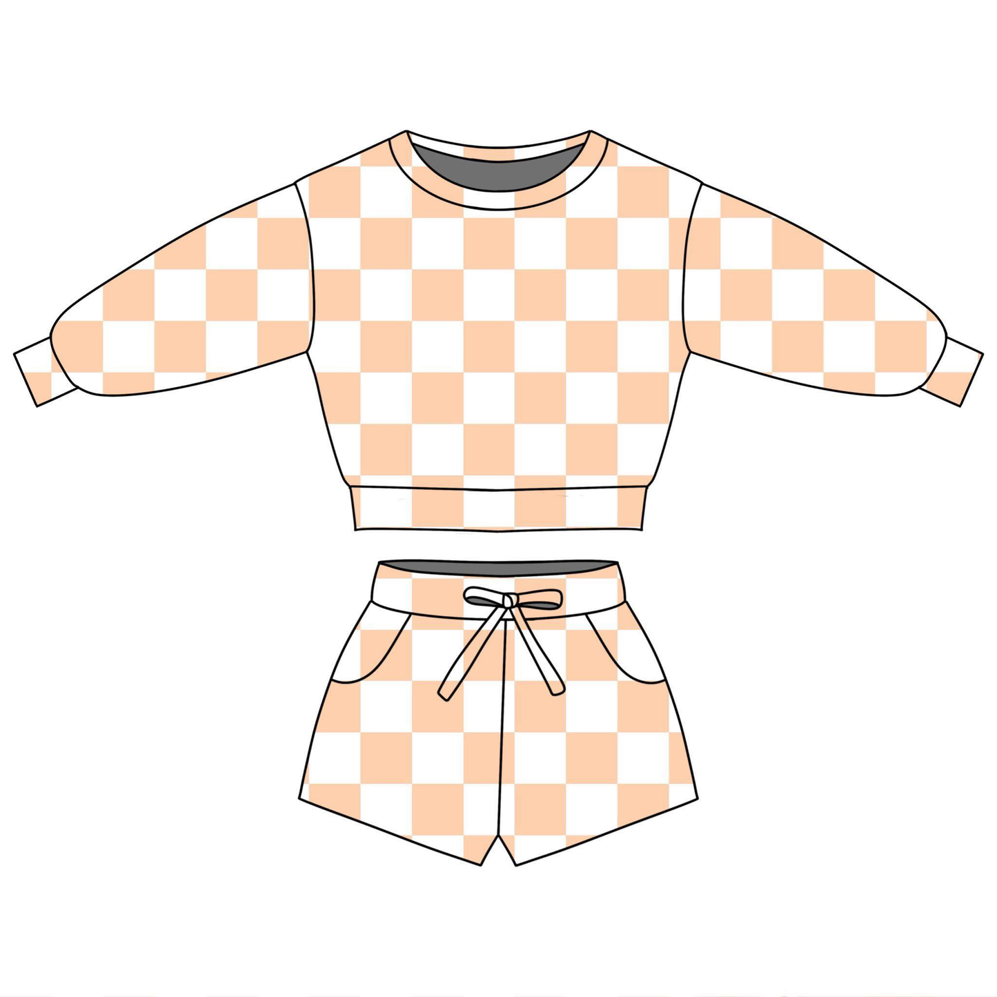 ( Moq 5 ) Preorder Baby Girls Long Sleeves Orange Checked Tops Pockets Shorts Clothes Set