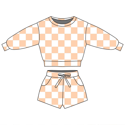 ( Moq 5 ) Preorder Baby Girls Long Sleeves Orange Checked Tops Pockets Shorts Clothes Set