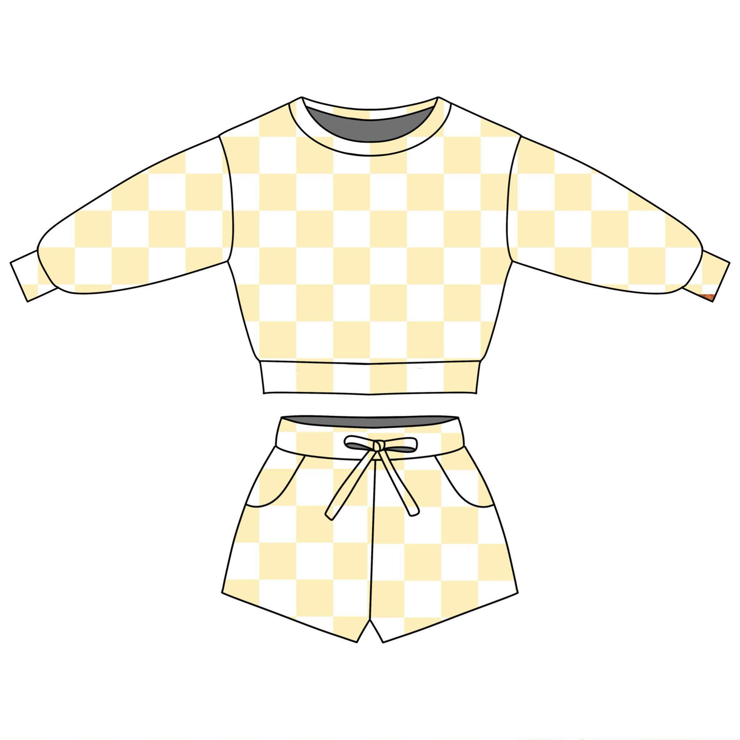 ( Moq 5 ) Preorder Baby Girls Long Sleeves Yellow Checked Tops Pockets Shorts Clothes Set