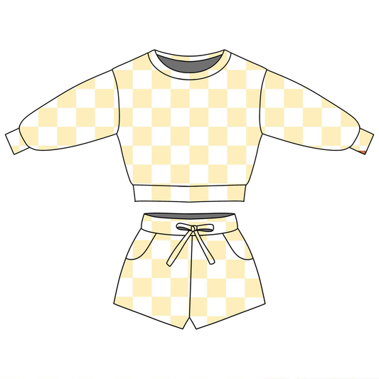 ( Moq 5 ) Preorder Baby Girls Long Sleeves Yellow Checked Tops Pockets Shorts Clothes Set