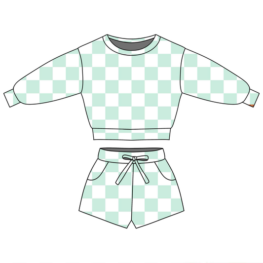 ( Moq 5 ) Preorder Baby Girls Long Sleeves Green Checked Tops Pockets Shorts Clothes Set