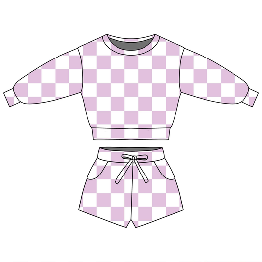 ( Moq 5 ) Preorder Baby Girls Long Sleeves Purple Checked Tops Pockets Shorts Clothes Set