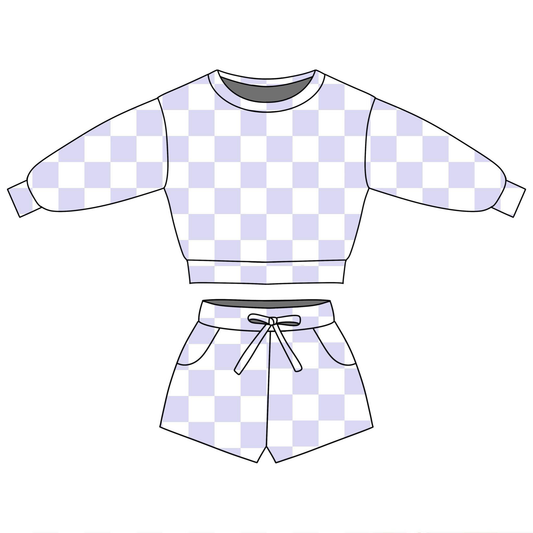 ( Moq 5 ) Preorder Baby Girls Long Sleeves Checked Tops Pockets Shorts Purple Clothes Set