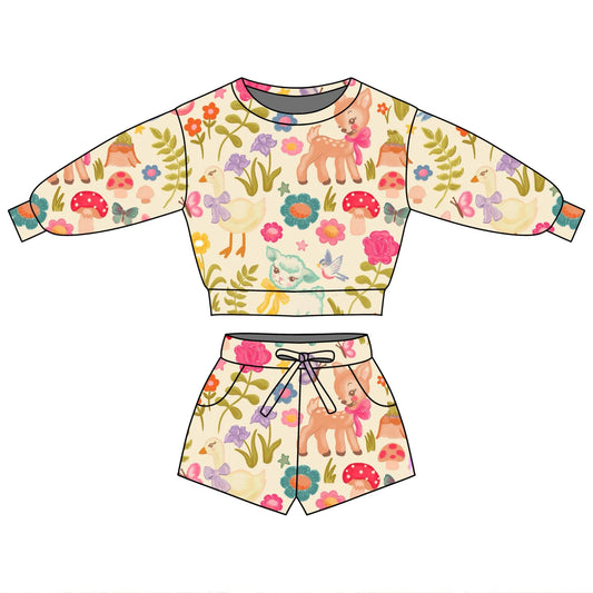 ( Moq 5 ) Preorder Baby Girls Long Sleeves Animals Flower Tops Pockets Shorts Clothes Set