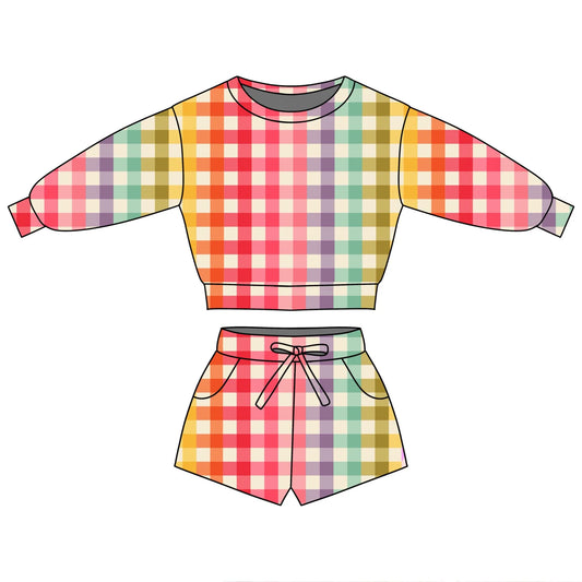 ( Moq 5 ) Preorder Baby Girls Long Sleeves Colorful Plaid Tops Pockets Shorts Clothes Set