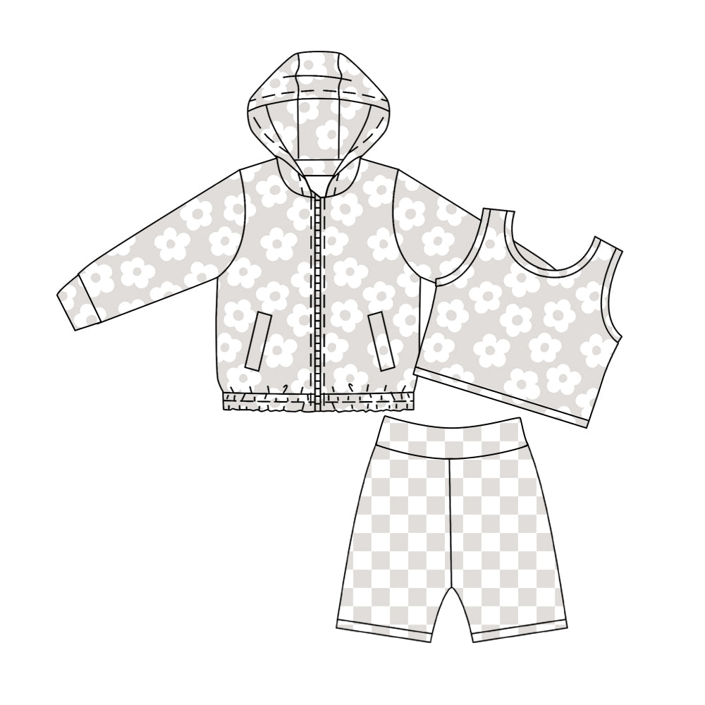 ( Moq 5 ) Preorder Baby Girls Flower Zipper Pockets Hoodie Tops Shorts Yoga Active Set Clothes