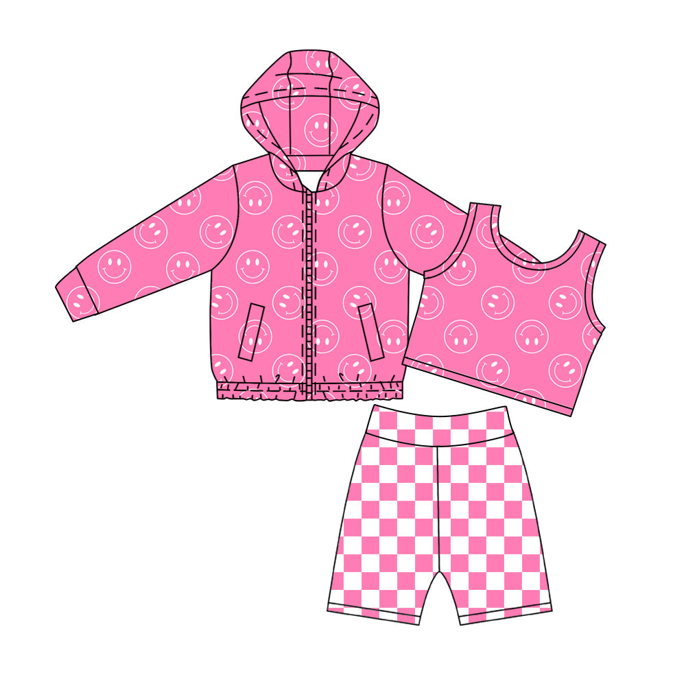 ( Moq 5 ) Preorder Baby Girls Smile Zipper Pockets Hoodie Tops Shorts Yoga Active Set Clothes