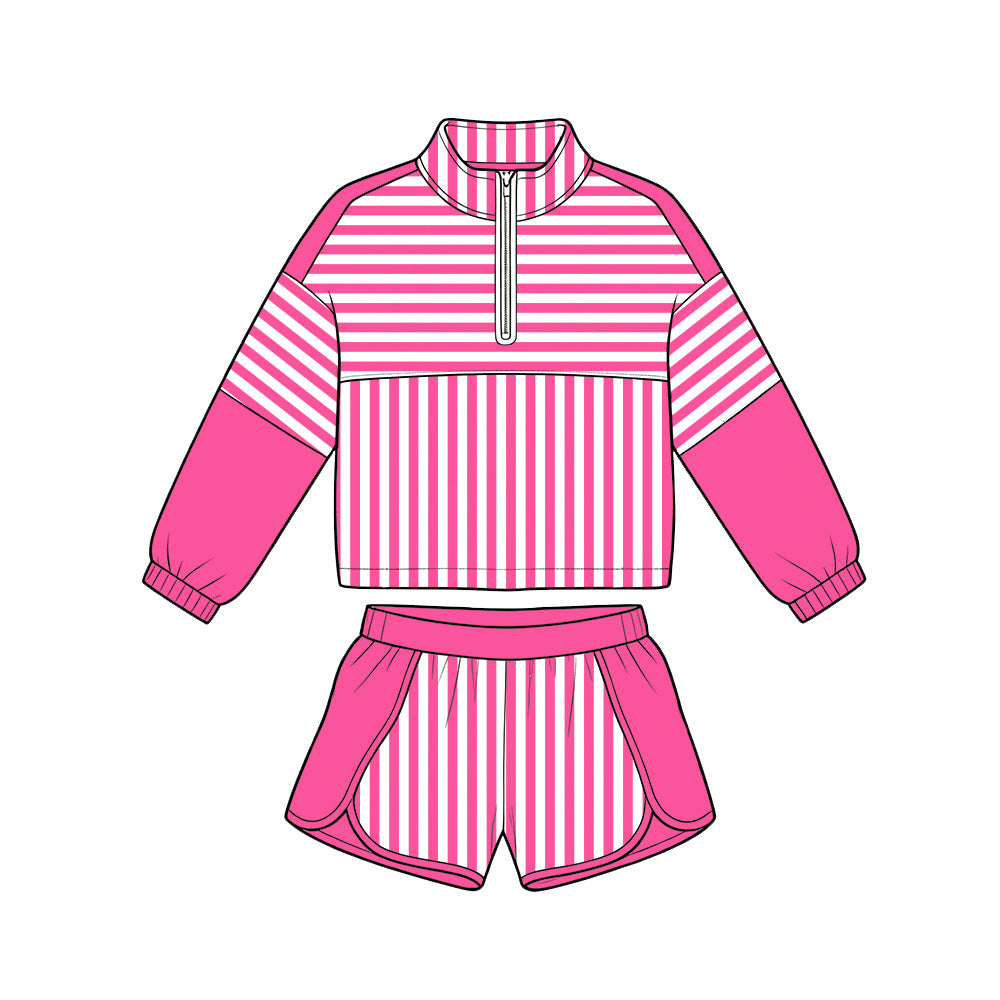 ( Moq 5 ) Preorder Baby Girls Kids Pink Stripes Zipper Pullover Shorts Yoga Active Set Clothes