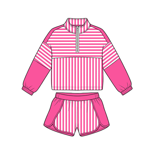 ( Moq 5 ) Preorder Baby Girls Kids Pink Stripes Zipper Pullover Shorts Yoga Active Set Clothes