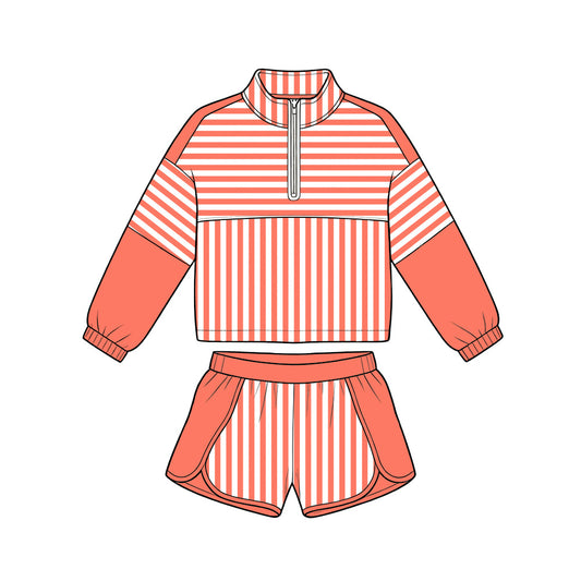 ( Moq 5 ) Preorder Baby Girls Kids Orange Stripes Zipper Pullover Shorts Yoga Active Set Clothes