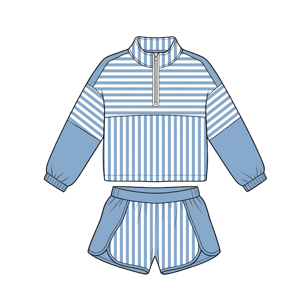 ( Moq 5 ) Preorder Baby Girls Kids Duck Blue Stripes Zipper Pullover Shorts Yoga Active Set Clothes