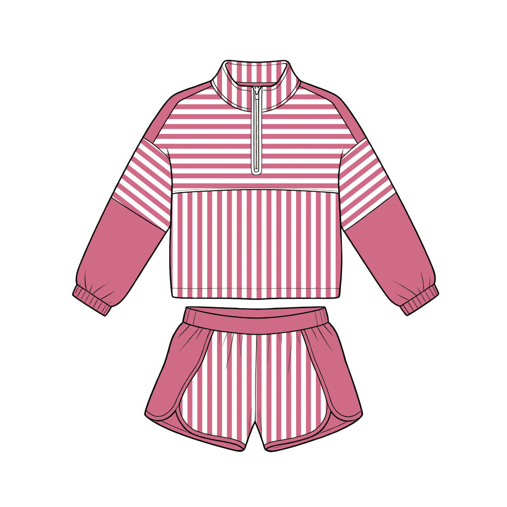 ( Moq 5 ) Preorder Baby Girls Kids Stripes Zipper Pullover Shorts Yoga Active Pink Set Clothes