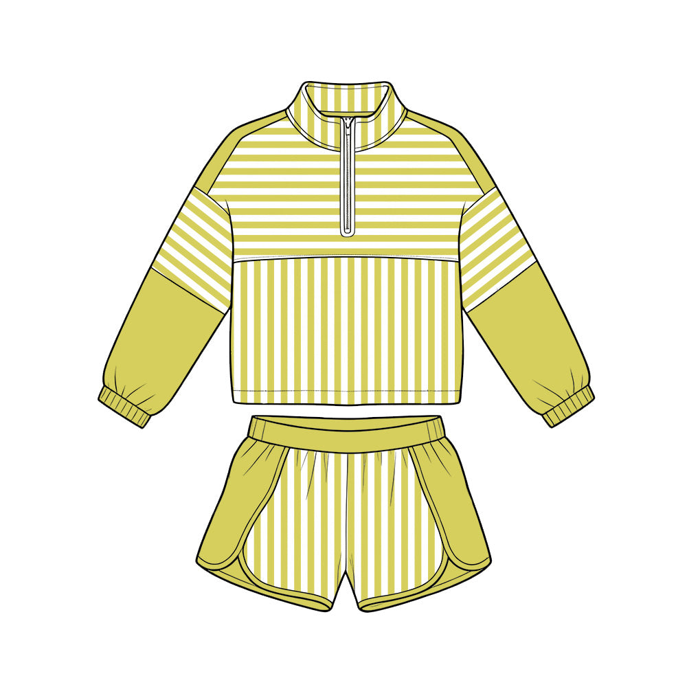( Moq 5 ) Preorder Baby Girls Kids Stripes Zipper Pullover Shorts Yoga Active Green Set Clothes