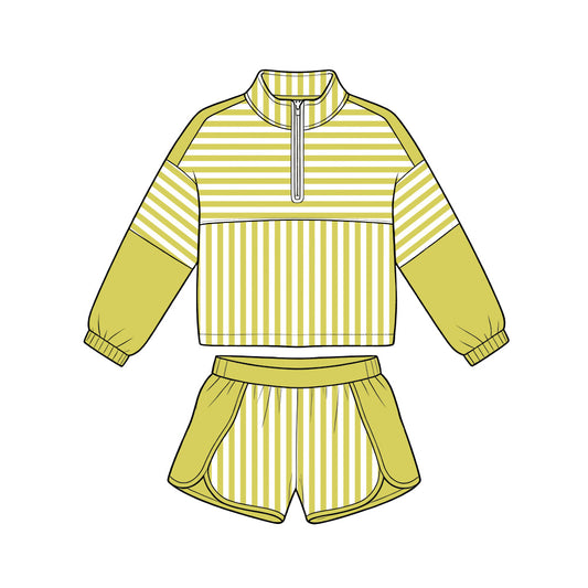 ( Moq 5 ) Preorder Baby Girls Kids Stripes Zipper Pullover Shorts Yoga Active Green Set Clothes