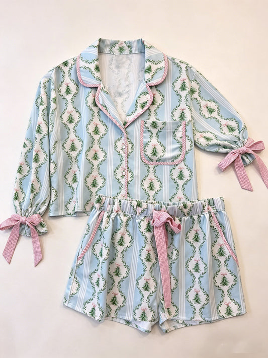 ( Moq 5 ) Preorder Adult Women Long Sleeves Christmas Tree Bows Buttons Tops Shorts Pajamas Blue Set