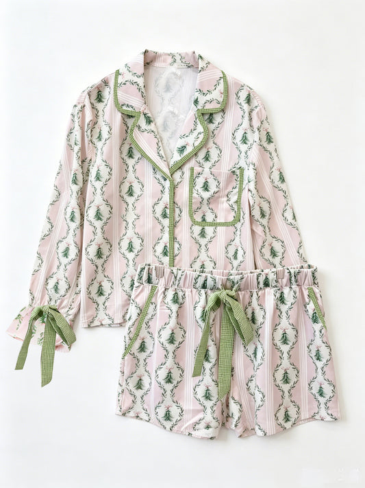 ( Moq 5 ) Preorder Adult Women Long Sleeves Christmas Tree Bows Buttons Tops Shorts Pajamas Pink Set