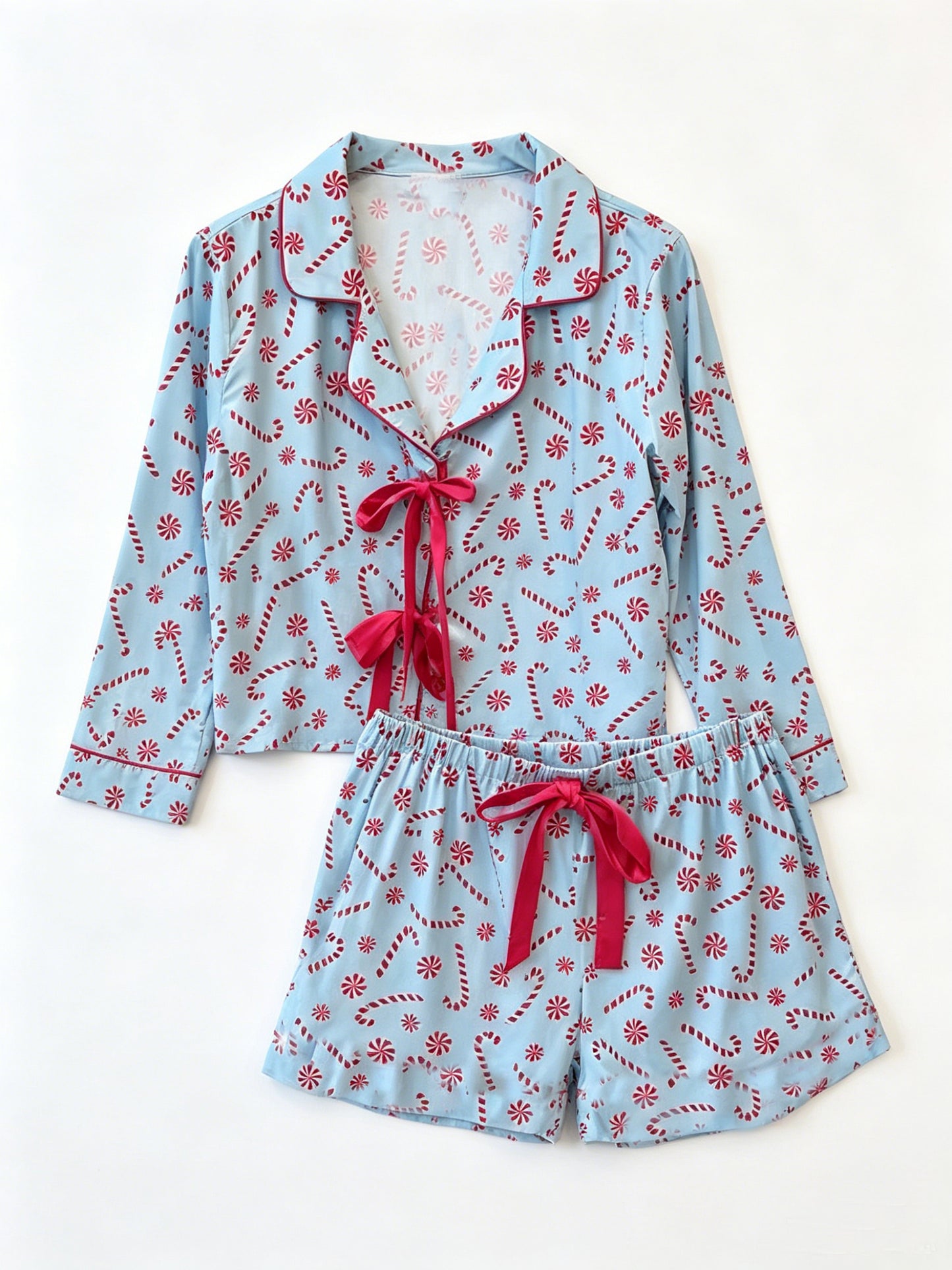 ( Moq 5 ) Preorder Adult Women Long Sleeves Christmas Candy Bows Buttons Tops Shorts Pajamas Blue Set
