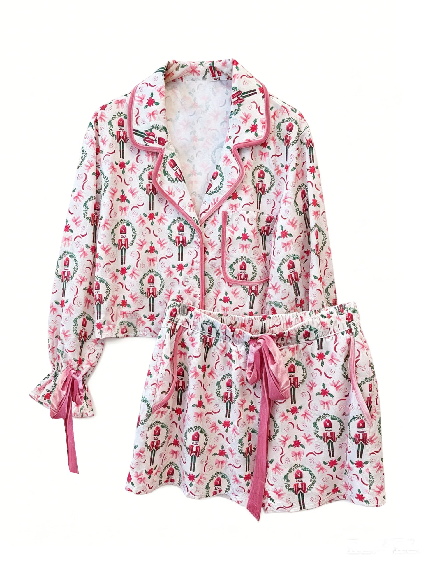 ( Moq 5 ) Preorder Adult Women Long Sleeves Christmas Soldier Bows Flower Buttons Tops Shorts Pajamas Pink Set