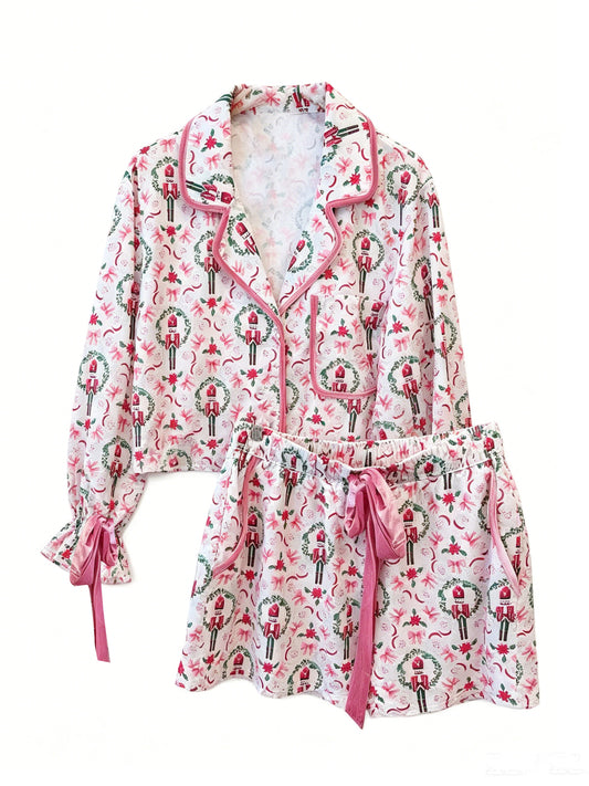( Moq 5 ) Preorder Adult Women Long Sleeves Christmas Soldier Bows Flower Buttons Tops Shorts Pajamas Pink Set