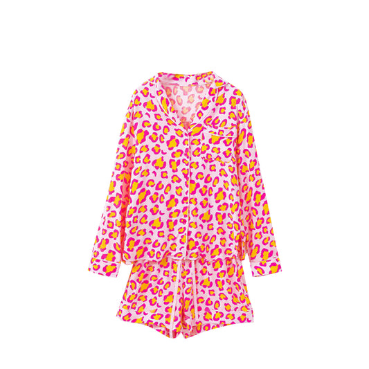 ( Moq 5 ) Preorder Adult Women Long Sleeves Leopard Buttons Tops Shorts Pajamas Pink Set