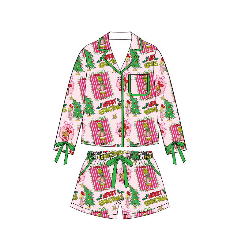 ( Moq 5 ) Preorder Adult Women Christmas Green Face Bows Buttons Tops Pockets Shorts Pajamas Set