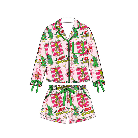 ( Moq 5 ) Preorder Adult Women Christmas Green Face Bows Buttons Tops Pockets Shorts Pajamas Set