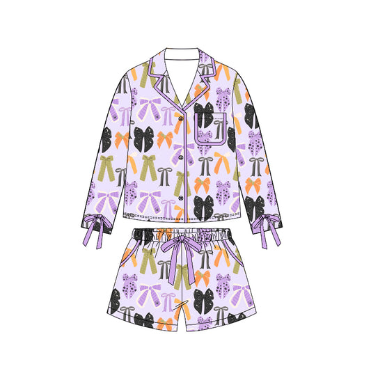 ( Moq 5 ) Preorder Adult Women Halloween Bows Buttons Tops Pockets Shorts Pajamas Purple Set