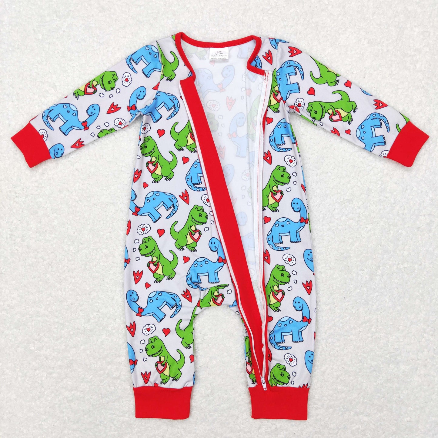 LR0831 Baby Boy Long Sleeves Dinosaurs Hearts Valentine's Day Zipper One Piece Romper