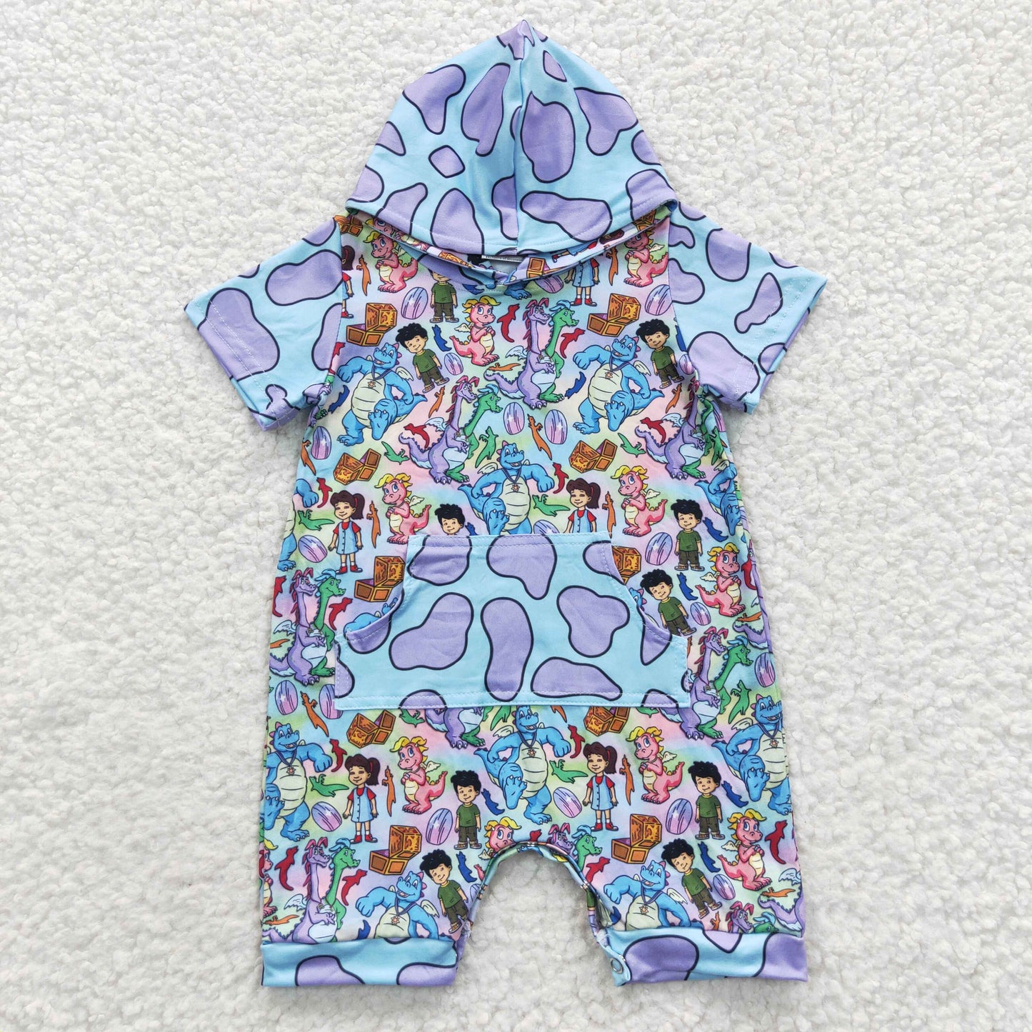 SR0405 Baby Boy Short Sleeves Cartoon Hoodie Pocket Romper