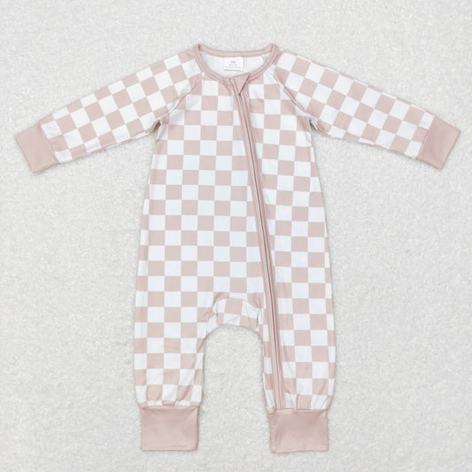 LR0809 Baby Kids Long Sleeves Checkered Zipper One Piece Romper