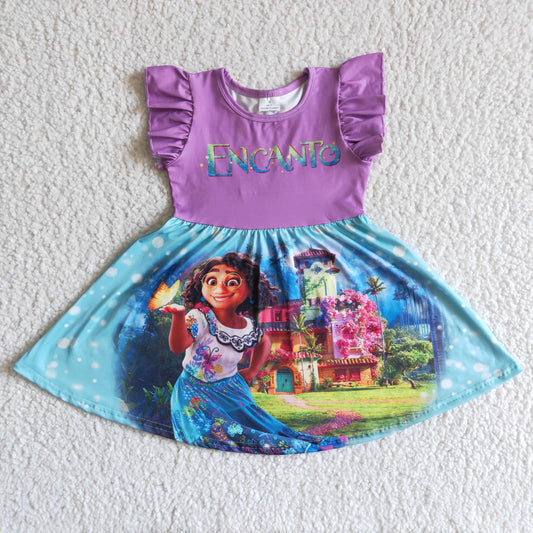 Promotion Baby Girl Purple Short Sleeves Cartoon Movie Twirl Dress RTS