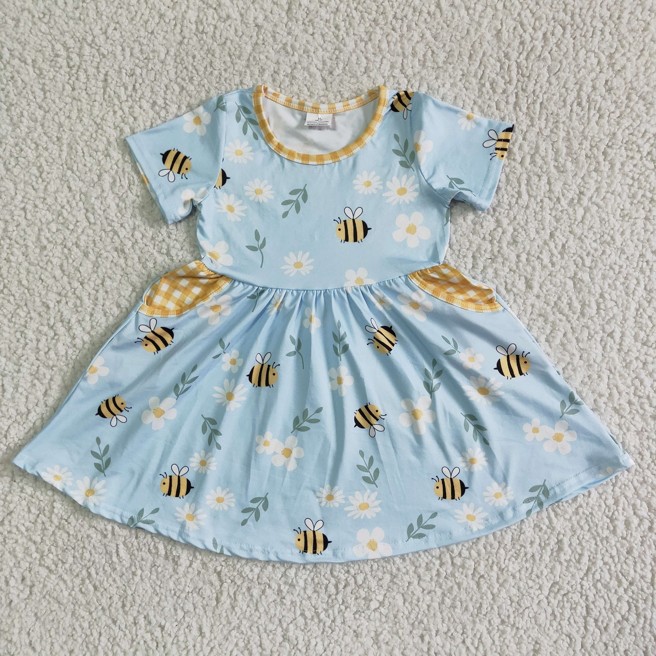 Promotion Baby Girl Short Sleeves Bee Flower Pocket Dress