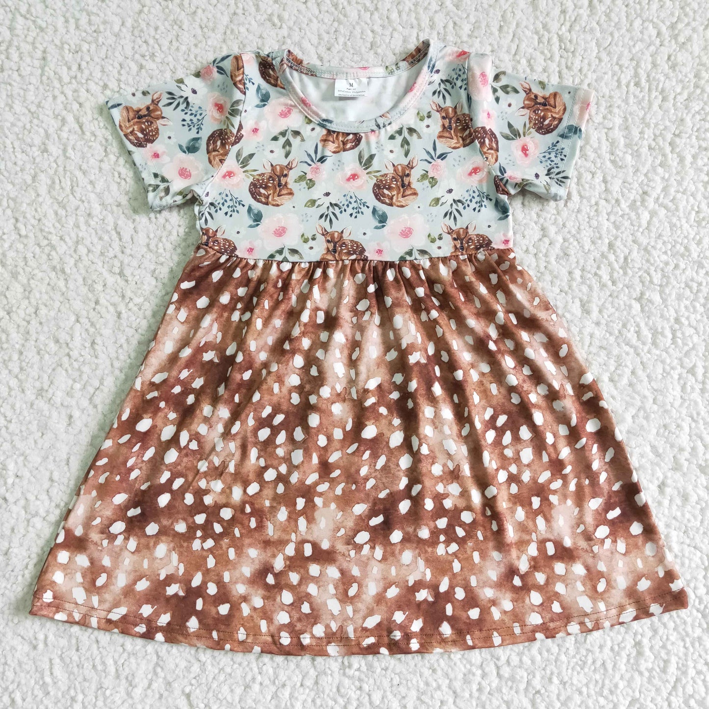 Promotion Baby Girl Short Sleeves Deer Floral Summer Dress RTS