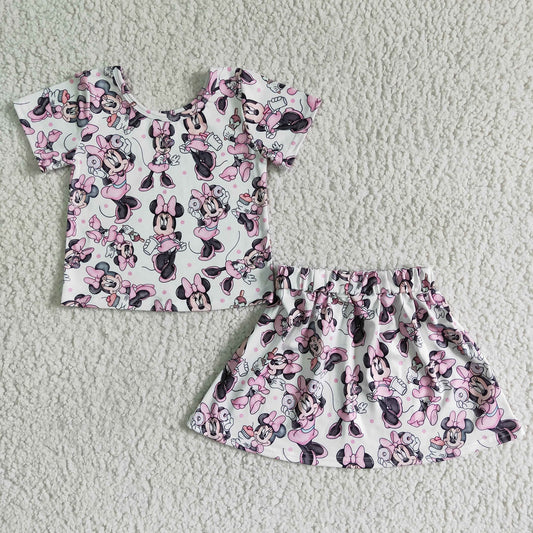 Promotion Baby Girl Short Sleeves Summer Skirt Mouse Pink Set