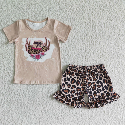 Promotion Baby Girl Short Sleeves Hat Shirt Leopard Shorts Western Set